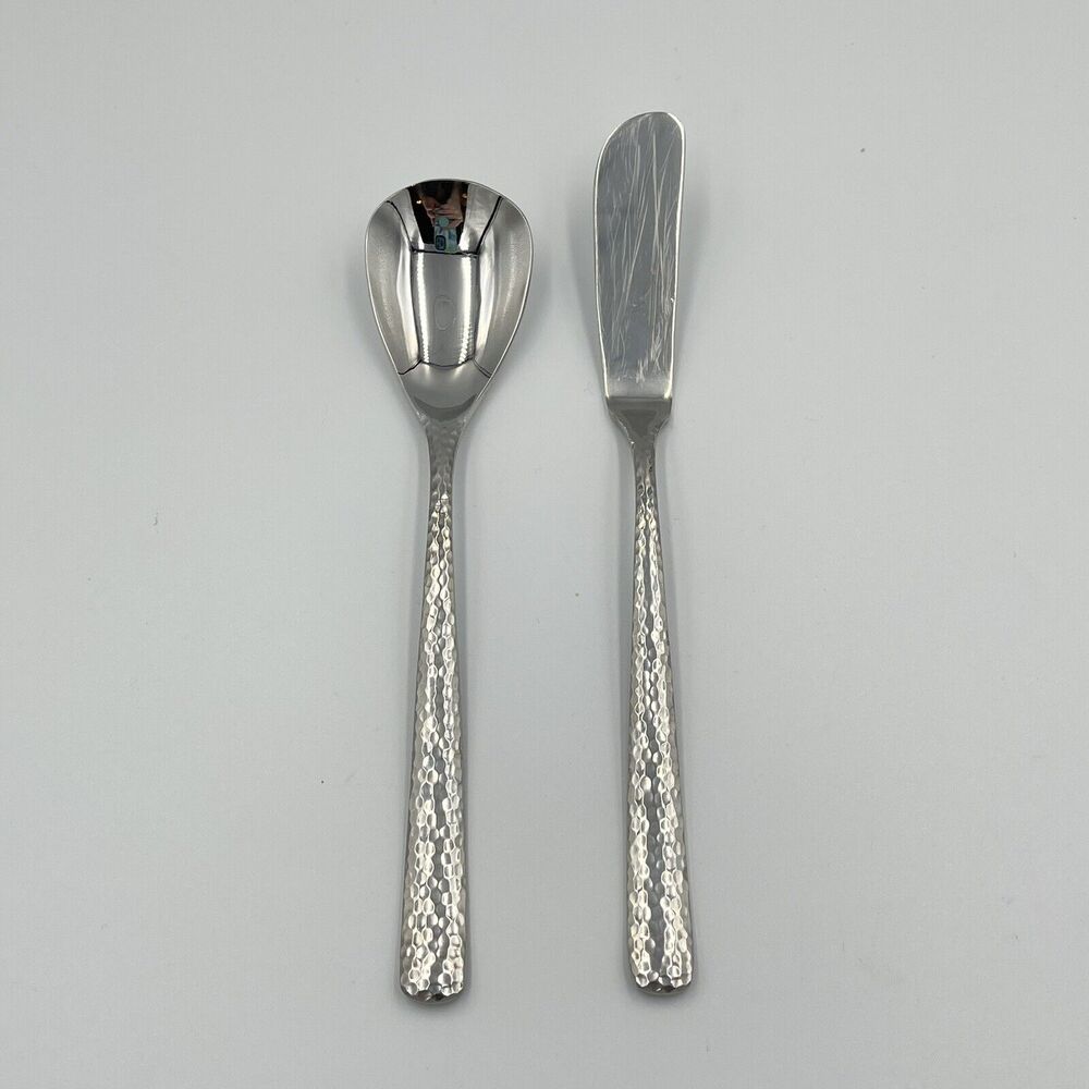2 QTY Hampton Tomodachi ELLA Hammered Butter Knife Sugar Spoon Replace Flatware